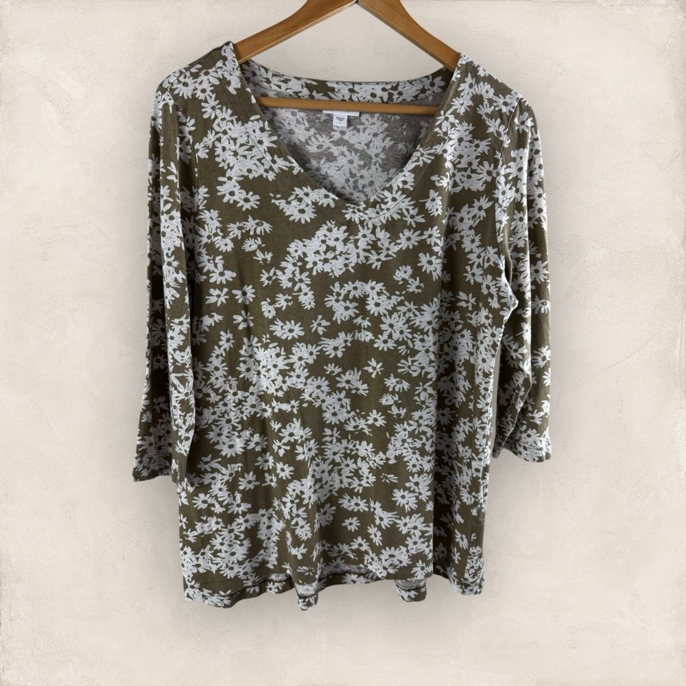 J Jill Cotton Modal Tee Top Green White‎ Floral 3/4 Sleeves Casual Knit Size L